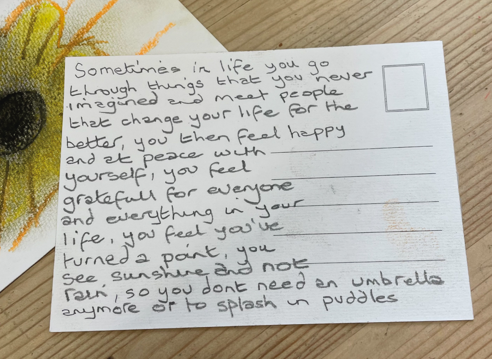 A written postcard produced for the Hidden Disabilities Sunflower project at Fearon Hall